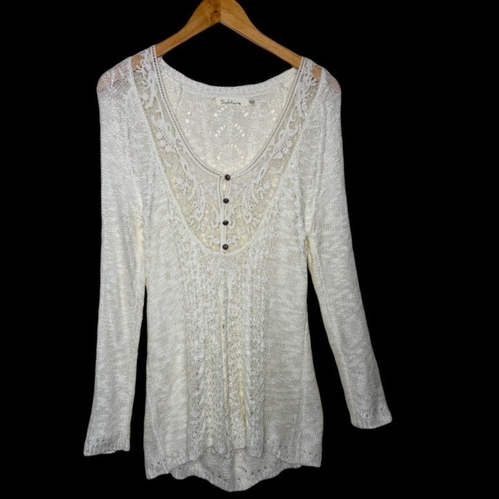 Solitaire Cream Lace Henley Sweater Top‎ Sz M Y2K Cottagecore Crochet Open Knit